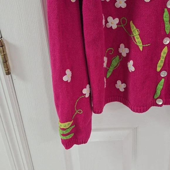 Talbots Pink Ramie Blend Cardigan Felt Sweet Peas Floral Embroidery Size Medium - Picture 7 of 13